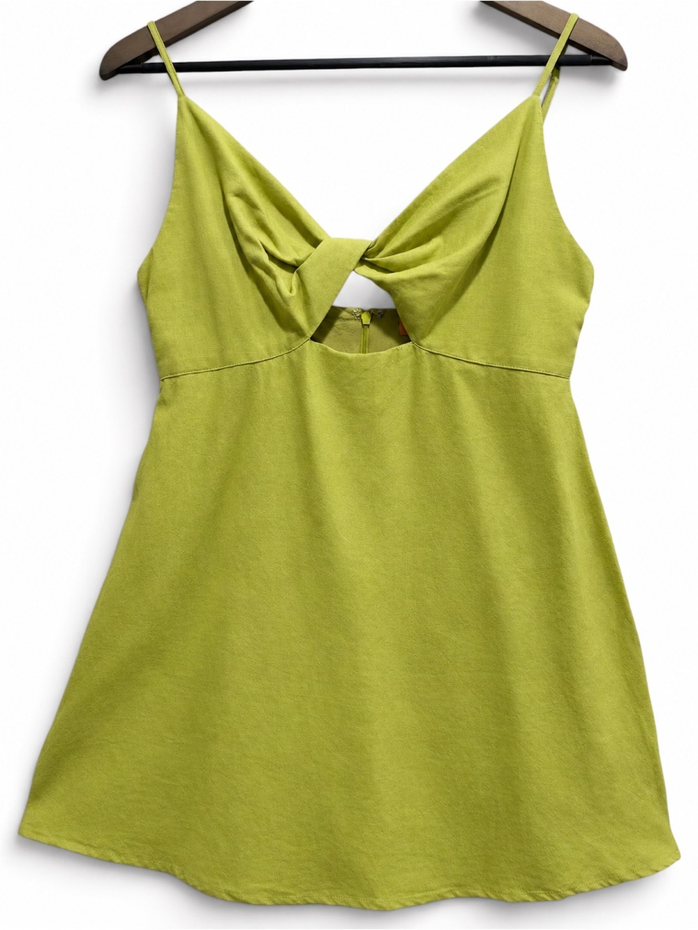 Chartreuse Cotton Linen Twist Front Cutout Mini Dress L LAKEYO